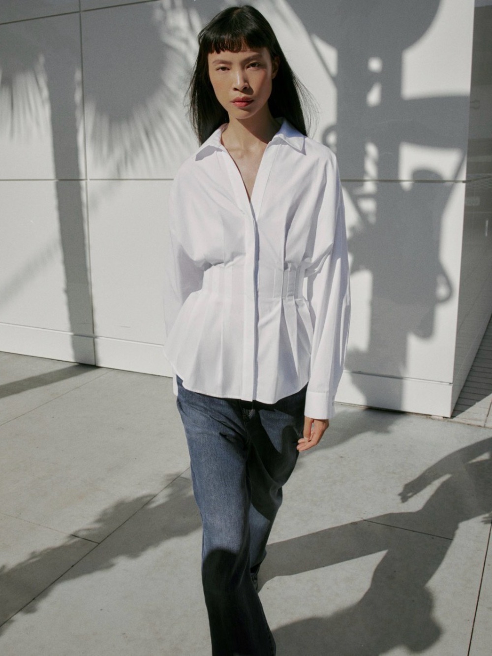 Zara White Button-Down Shirt with Cinched Waist